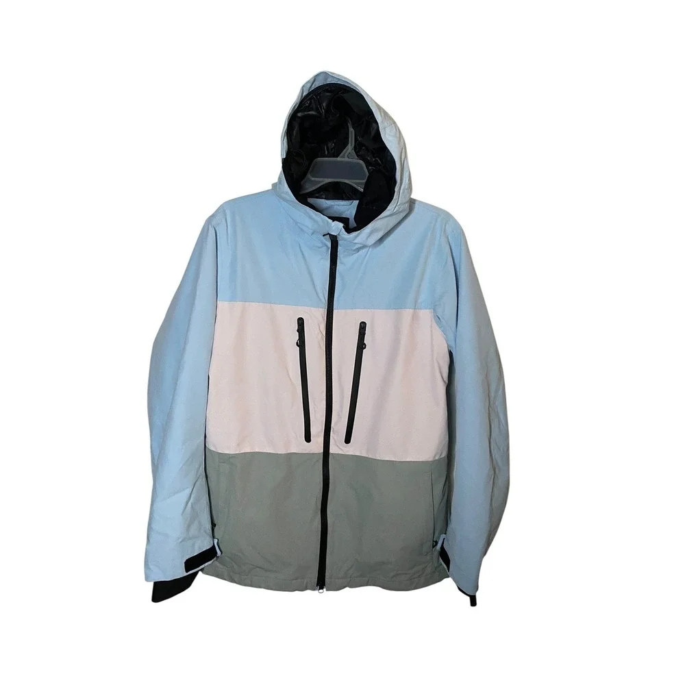 GSOU Snow Mens Blue White Grey Colorblock Hooded Ski Snowboard Jacket Large